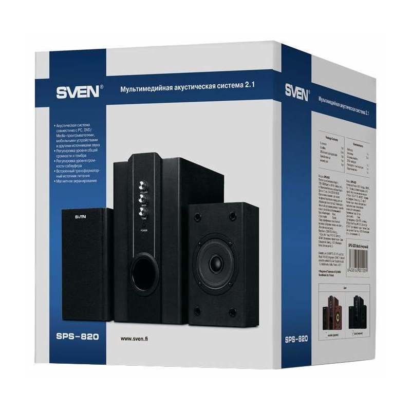 SVEN SPS-820,черная кожа/черный {2.1, 2 сат. + сабвуфер,18 Вт + 2 х 10 Вт (RMS) ,усил.- 20-20000 Гц}