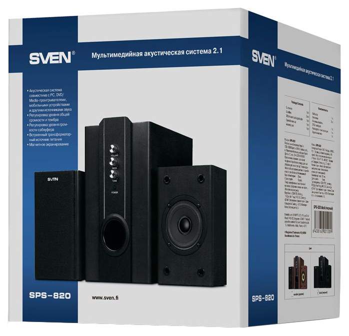 SVEN SPS-820,черная кожа/черный {2.1, 2 сат. + сабвуфер,18 Вт + 2 х 10 Вт (RMS) ,усил.- 20-20000 Гц}