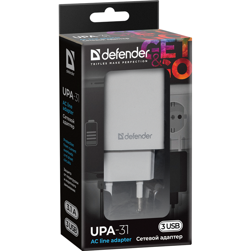 Defender UPA-31 белый, 3xUSB, 5V/3.1А арт. 83587