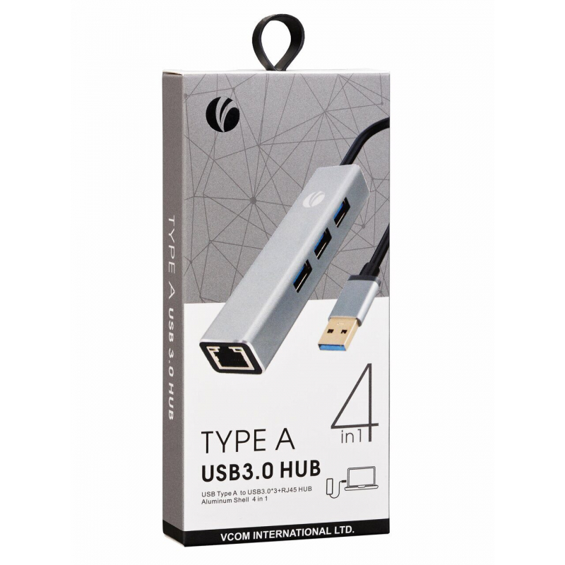 VCOM DH312A Переходник USB 3.0 -->RJ-45 1000Mbps+3 USB3.0, Aluminum Shell, 0.2м VCOM [4895182246843]