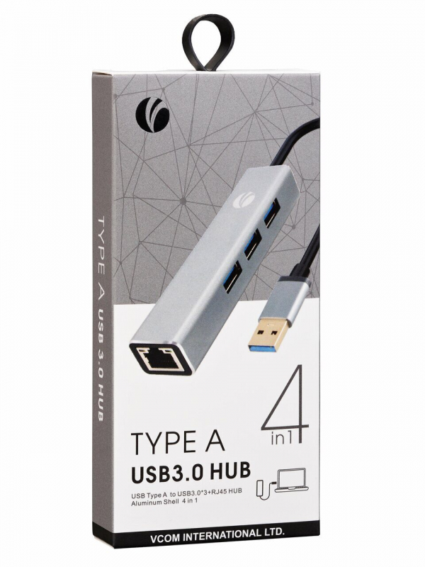 VCOM DH312A Переходник USB 3.0 -->RJ-45 1000Mbps+3 USB3.0, Aluminum Shell, 0.2м VCOM [4895182246843]