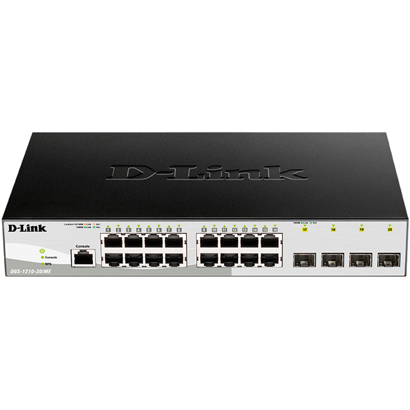 D-Link Управляемый L2 коммутатор, 16x1000Base-T, 4x1000Base-X SFP, защита от статического электричества до 6 кВ, CLI, консольный порт RJ-45, RPS, поддержка Dying Gasp арт. DGS-1210-20/ME/B1A