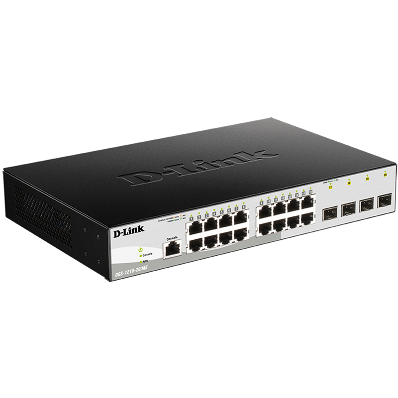 D-Link Управляемый L2 коммутатор, 16x1000Base-T, 4x1000Base-X SFP, защита от статического электричества до 6 кВ, CLI, консольный порт RJ-45, RPS, поддержка Dying Gasp арт. DGS-1210-20/ME/B1A