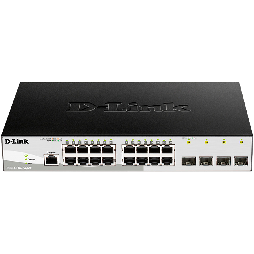 D-Link Управляемый L2 коммутатор, 16x1000Base-T, 4x1000Base-X SFP, защита от статического электричества до 6 кВ, CLI, консольный порт RJ-45, RPS, поддержка Dying Gasp арт. DGS-1210-20/ME/B1A