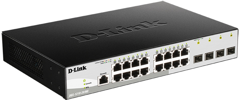D-Link Управляемый L2 коммутатор, 16x1000Base-T, 4x1000Base-X SFP, защита от статического электричества до 6 кВ, CLI, консольный порт RJ-45, RPS, поддержка Dying Gasp арт. DGS-1210-20/ME/B1A