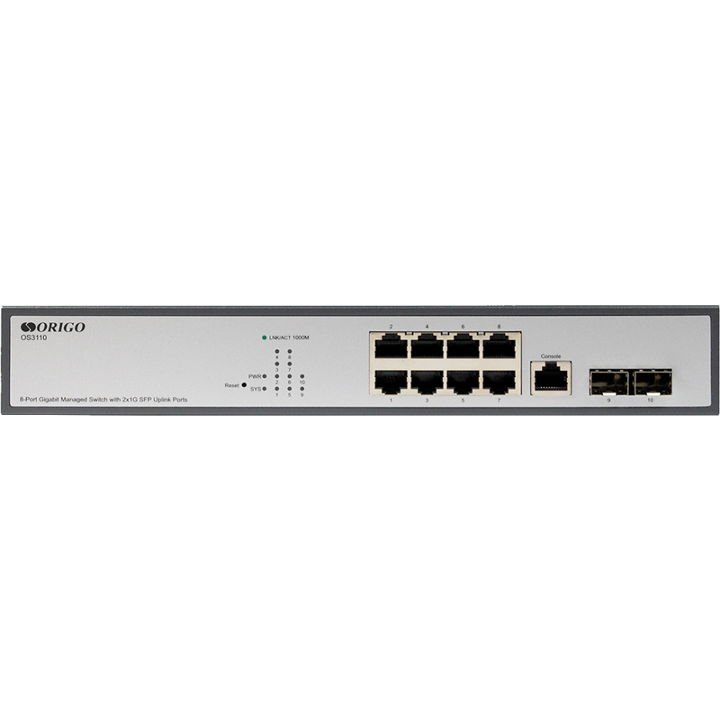 Коммутатор ORIGO Управляемый L2 коммутатор, 8x1000Base-T, 2x1000Base-X SFP, консольный порт RJ-45, комплект для установки в 19" стойку арт. OS3110/A1A