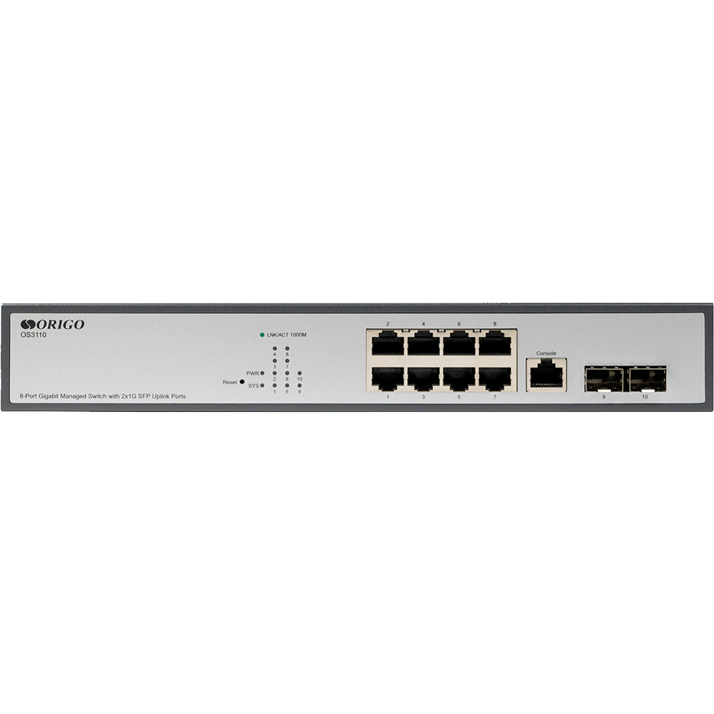 Коммутатор ORIGO Управляемый L2 коммутатор, 8x1000Base-T, 2x1000Base-X SFP, консольный порт RJ-45, комплект для установки в 19" стойку арт. OS3110/A1A