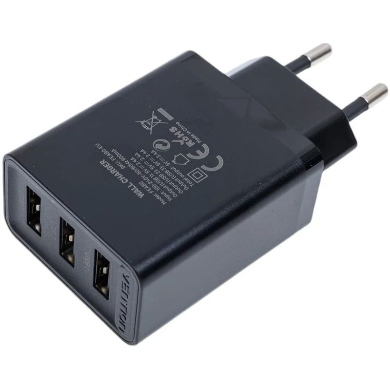 Сетевое зарядное устройство Vention FEAB0-EU на 3 порта USB 2.4A Черный