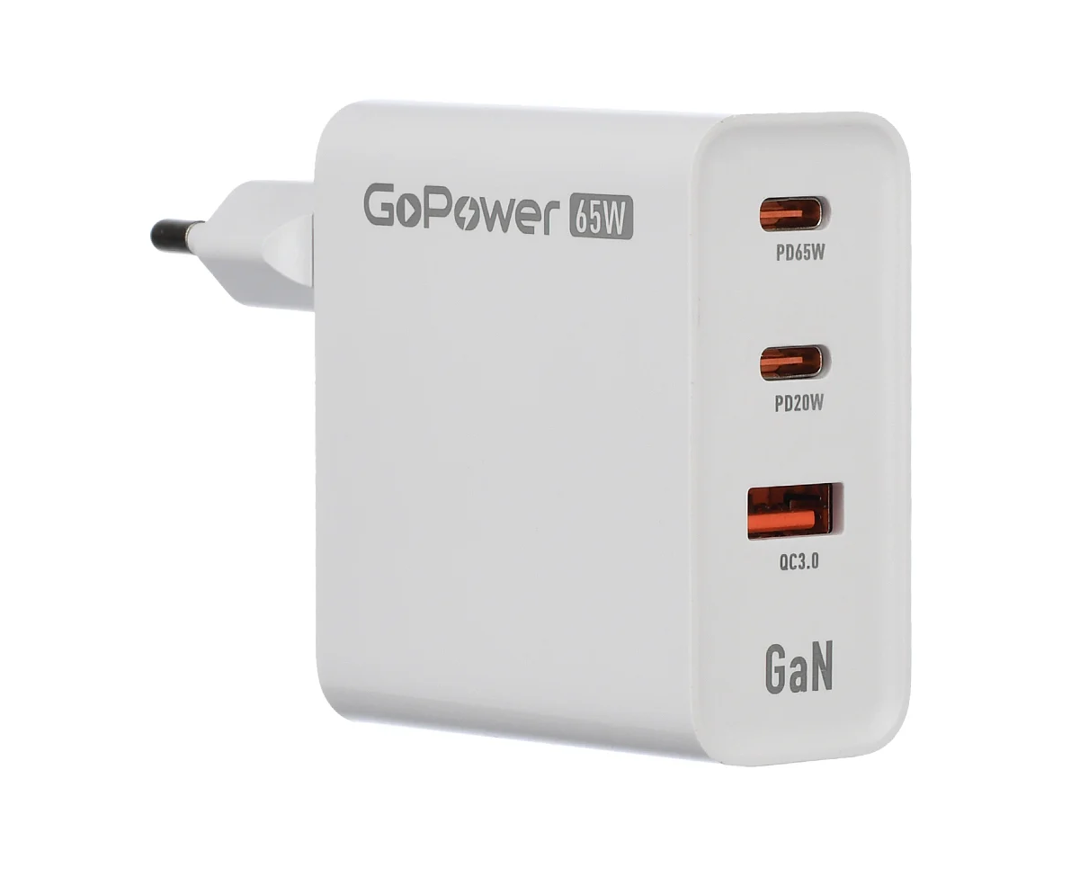 Сетевое З/У GoPower GPQC10 1USB+2Type-C 65W QC3.0 GAN белый