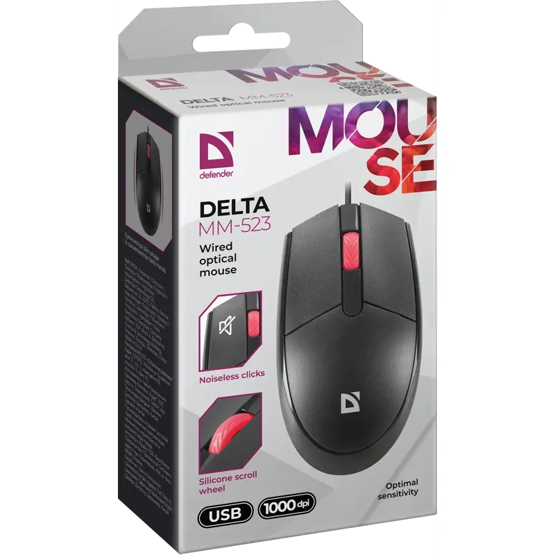 Defender Delta MM-523 { Проводная оптическая мышь,черн,3D,бесшумная,1,8м } [52523]
