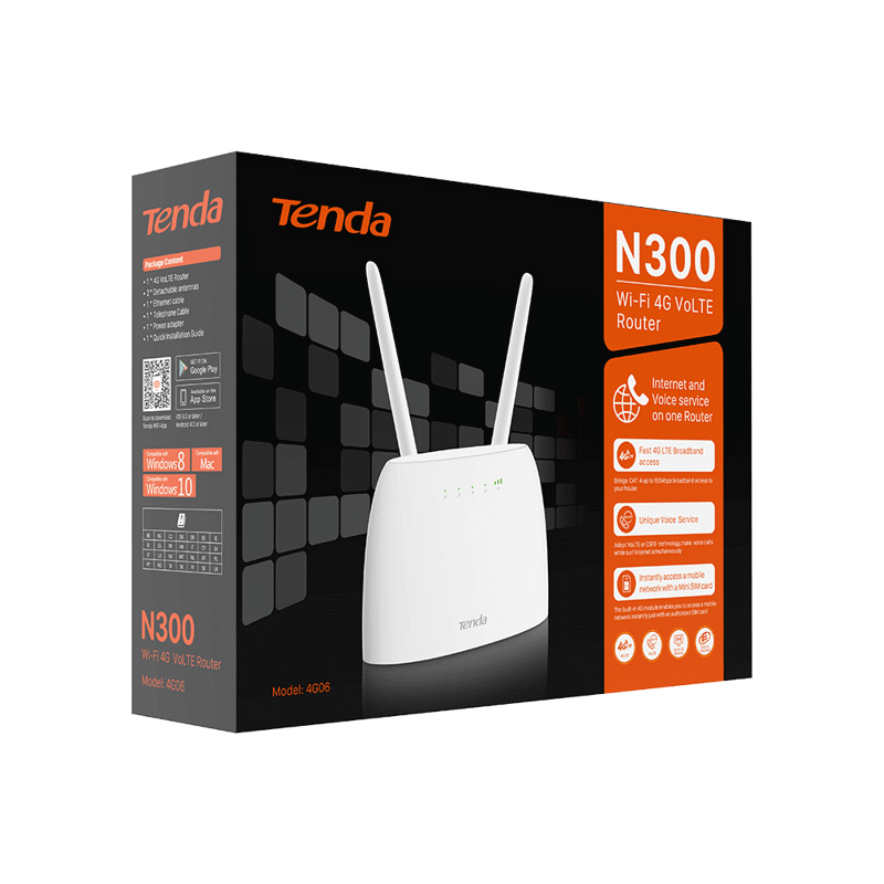 TENDA 4G06 Wi-Fi 4G+ LTE маршрутизатор стандарта N300, 2 внешние антенны , 1-port 10/100Mbps LAN/WAN, 1-port 10/100Mbps LAN, 1-Slot 2FF SIM Card