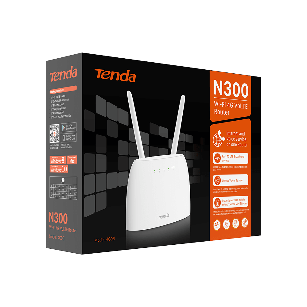 TENDA 4G06 Wi-Fi 4G+ LTE маршрутизатор стандарта N300, 2 внешние антенны , 1-port 10/100Mbps LAN/WAN, 1-port 10/100Mbps LAN, 1-Slot 2FF SIM Card