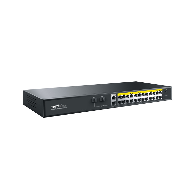 Коммутатор Netis P124GH (L2) 24x100Мбит/с 2x1Гбит/с 1xКомбо(1000BASE-T/SFP) 1SFP 24PoE 24PoE+ 360W неуправляемый