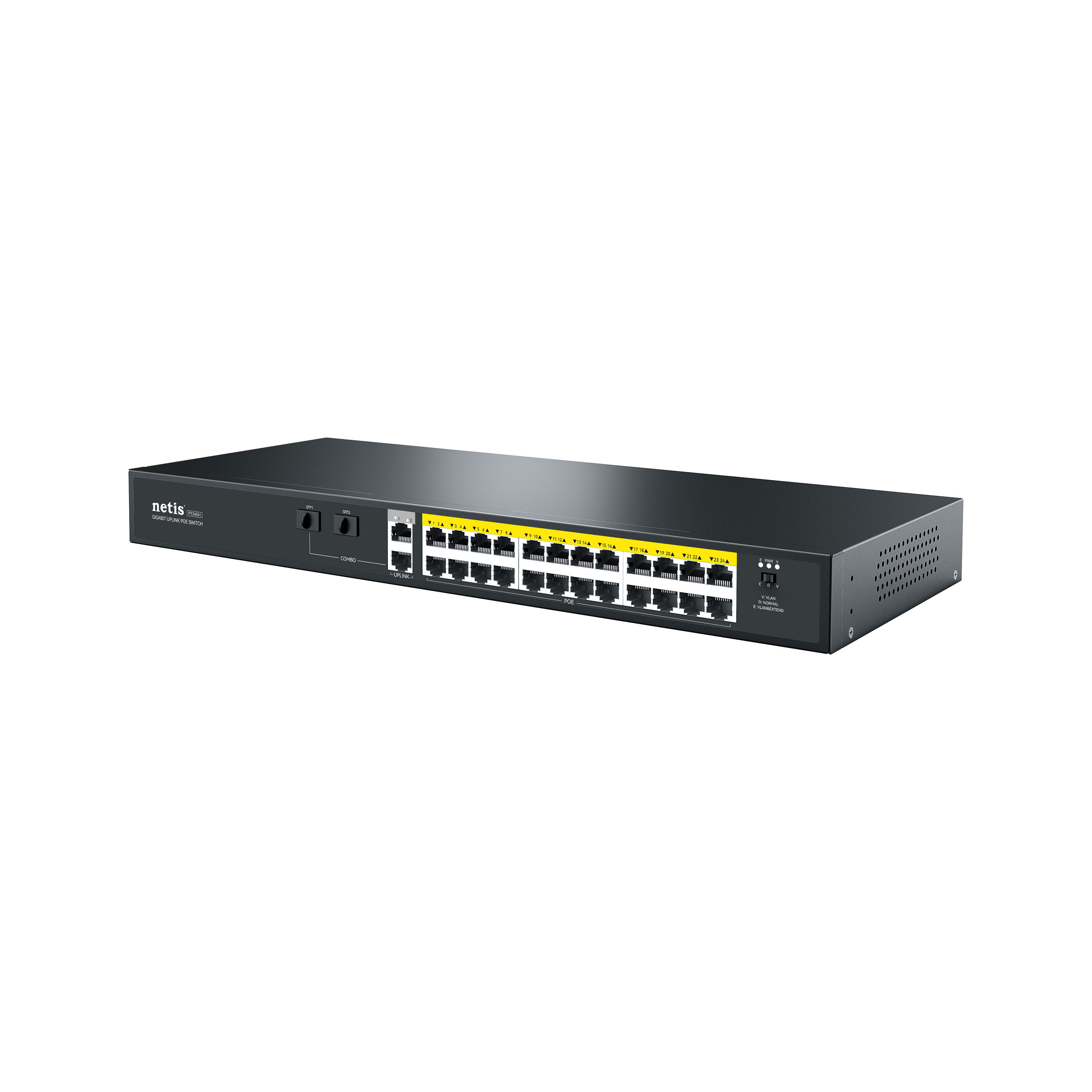 Коммутатор Netis P124GH (L2) 24x100Мбит/с 2x1Гбит/с 1xКомбо(1000BASE-T/SFP) 1SFP 24PoE 24PoE+ 360W неуправляемый