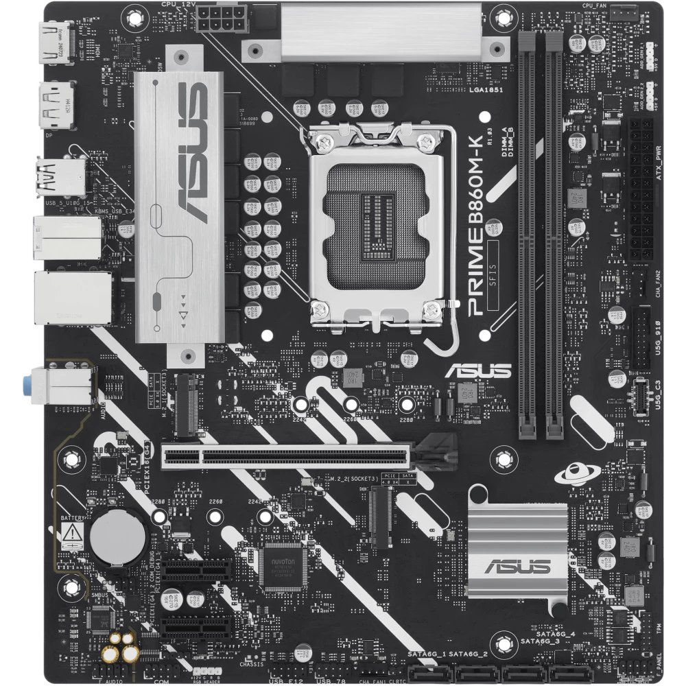 ASUS PRIME B860M-K (Socket 1851, mATX, 2xDDR5(128GB), DP/HDMI, 1xPCIe 4.0x16/2xPCIe 4.0x1, 1xLAN (2.5GbE), 4xSATA 6Gb/s, 2xM.2, 3xUSB 3.2, 3xUSB 2.0)
