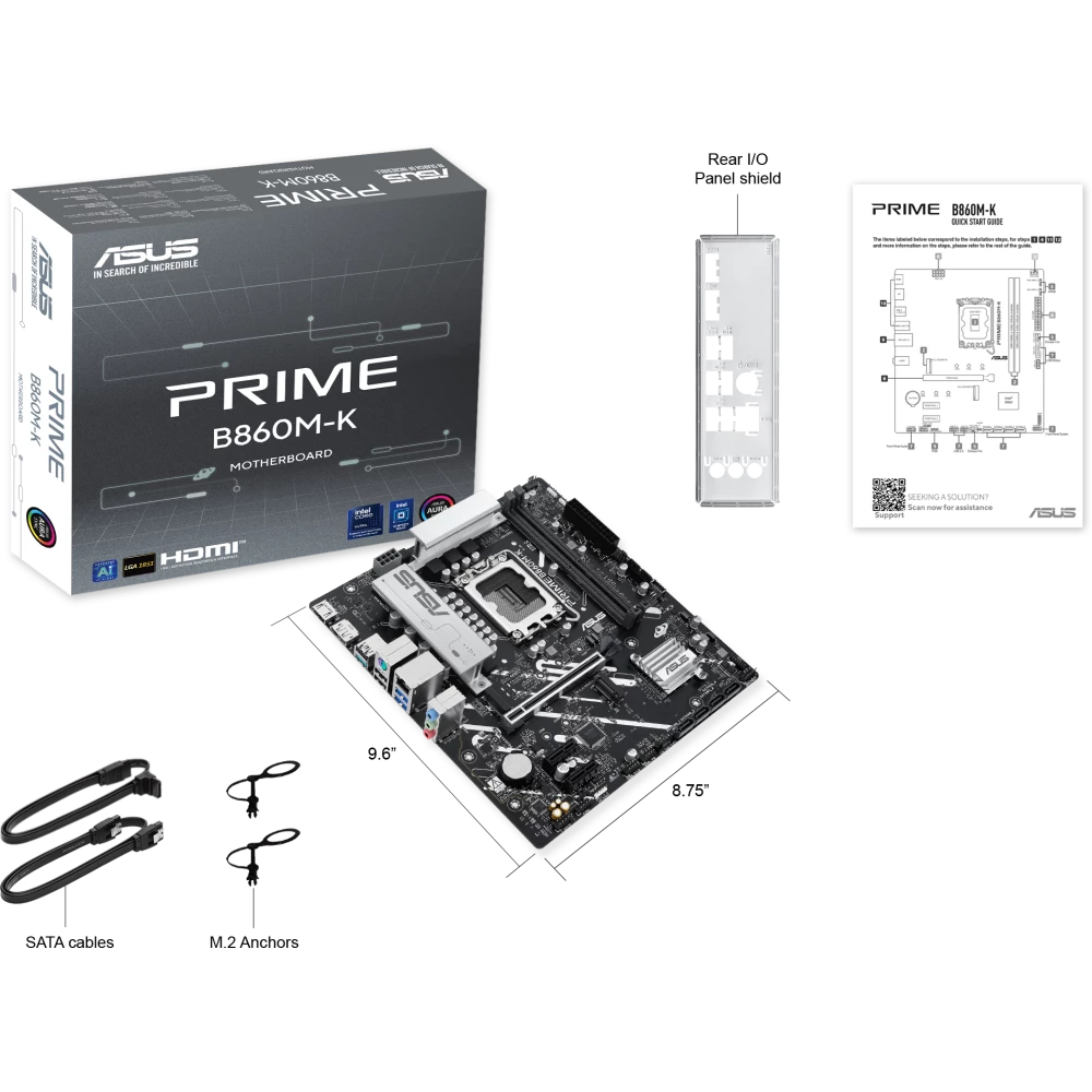 ASUS PRIME B860M-K (Socket 1851, mATX, 2xDDR5(128GB), DP/HDMI, 1xPCIe 4.0x16/2xPCIe 4.0x1, 1xLAN (2.5GbE), 4xSATA 6Gb/s, 2xM.2, 3xUSB 3.2, 3xUSB 2.0)