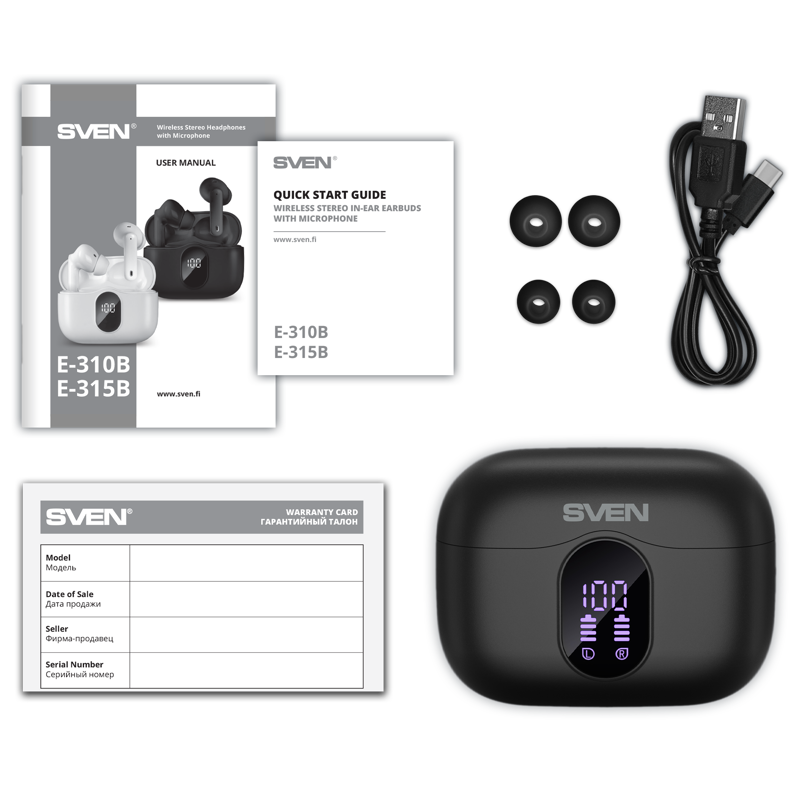 SVEN E-315B, черный (Bluetooth, TWS, ANC, ENC, APP) арт. SV-022631