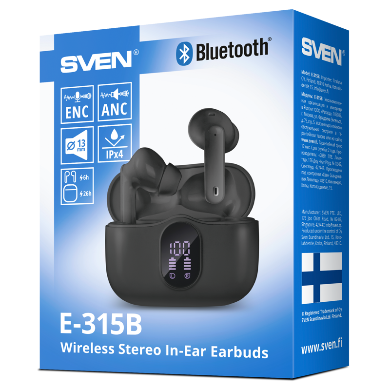 SVEN E-315B, черный (Bluetooth, TWS, ANC, ENC, APP) арт. SV-022631