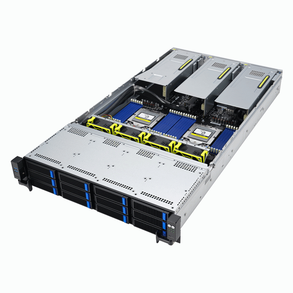 ASUS RS720A-E12-RS12 2U, 2xEPYC 9004 SP5, 24xDDR5/6TB, 12x3.5/2.5in HS (8xNVMe), 2xM.2, 4xDS GPU, PCIe: 6x G5x8/3x G5x16 + 2x G5x8/1x G5x16 FHFL, 1x G5x16 LPHL, 1x G4x8 LP RAID; 2x10GbE, 2x2600W Ti арт. 90SF02E1-M00BZ0