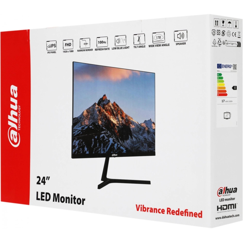 Dahua DHI-LM24-B201S 23.8"(16:9) FullHD монитор IPS LED 1920x1080 250 кд/м2 1000:1 178°/178° 5 мс 100Гц 16.7Млн (8 бит) VESA: 75X75 VGA HDMI Аудио выход Динамики