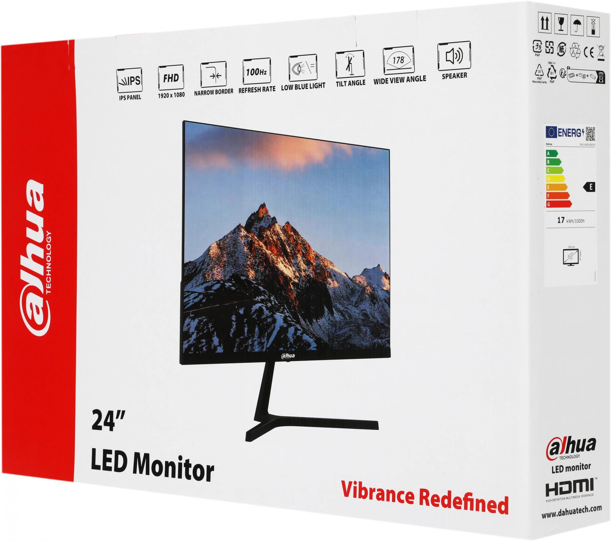 Dahua DHI-LM24-B201S 23.8"(16:9) FullHD монитор IPS LED 1920x1080 250 кд/м2 1000:1 178°/178° 5 мс 100Гц 16.7Млн (8 бит) VESA: 75X75 VGA HDMI Аудио выход Динамики