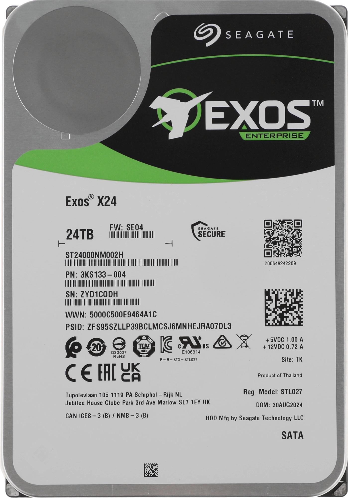 Жесткий диск Seagate Exos X24 HDD 3.5" SATA 24Tb, 7200 rpm, 512Mb buffer, 512e/4Kn, CMR, ST24000NM002H, 1 year