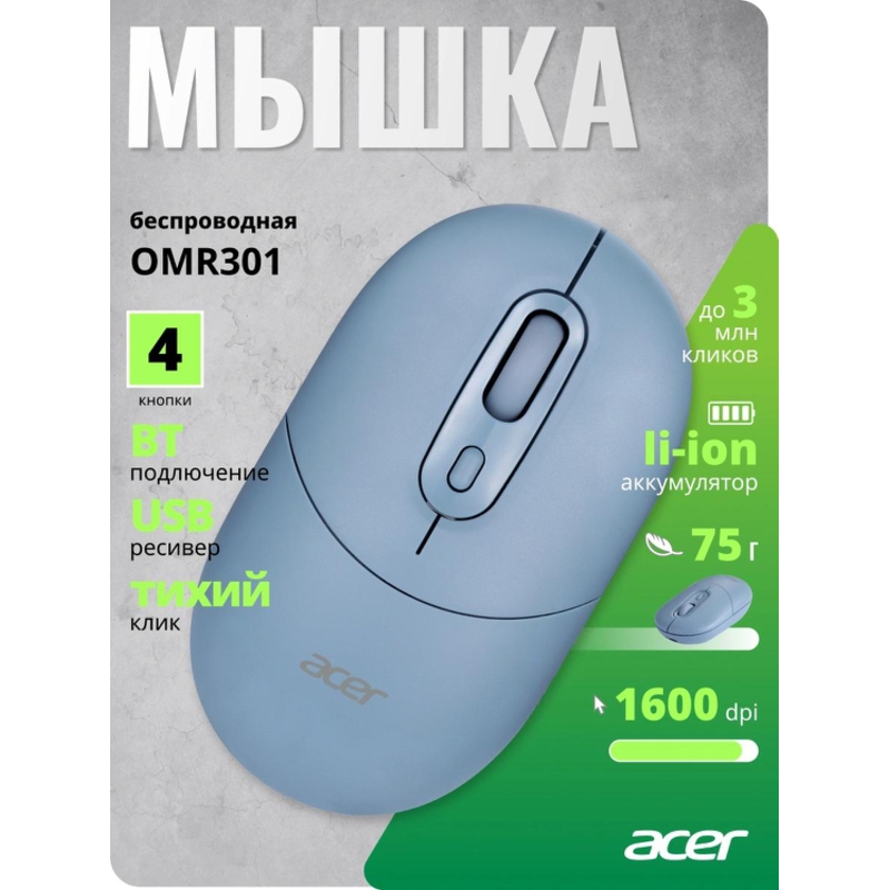 Acer OMR301 [ZL.MCECC.01S] синий оптическая (1600dpi) беспроводная BT/Radio USB (4but)