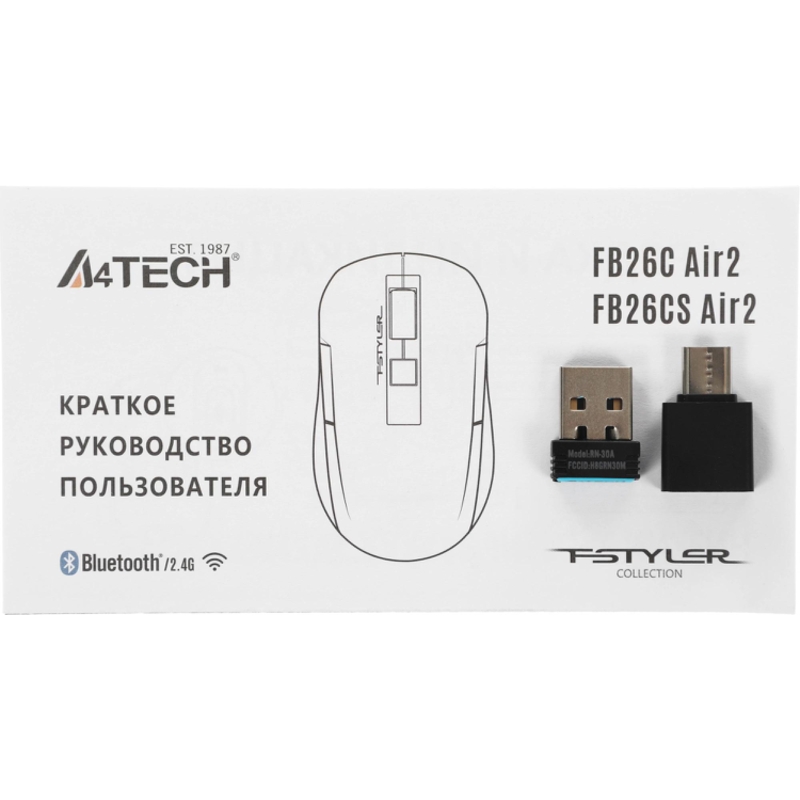 Мышь Wireless A4Tech Fstyler FB26CS Air2 серая/черная, оптическая (2000dpi), BT/Radio, USB, для ноутбука, (4but) (2011600)