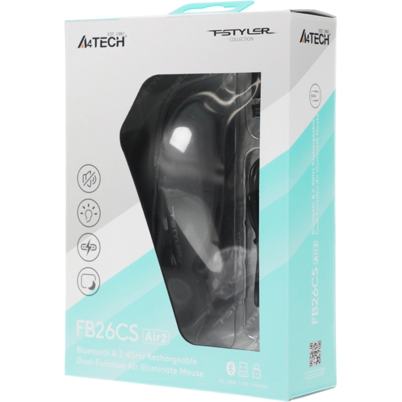 Мышь Wireless A4Tech Fstyler FB26CS Air2 серая/черная, оптическая (2000dpi), BT/Radio, USB, для ноутбука, (4but) (2011600)