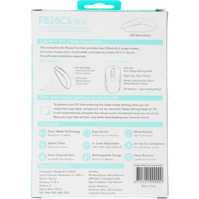 Мышь Wireless A4Tech Fstyler FB26CS Air2 серая/черная, оптическая (2000dpi), BT/Radio, USB, для ноутбука, (4but) (2011600)