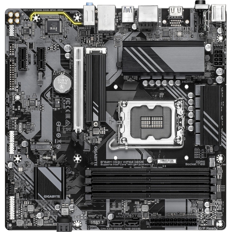Gigabyte B760M DS3H WF6E GEN5 Soc-1700 Intel B760 4xDDR5 mATX AC`97 8ch(7.1) 2.5Gg RAID+HDMI+DP