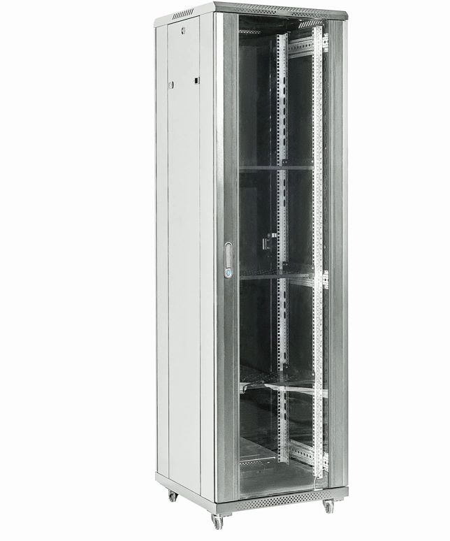 Rexant (04-2766-211) Шкаф телекоммуникационный напольный 19" 27U 600х600х1387мм, дверь стекло, задняя дверь металл, разборный, серый (RAL 7035