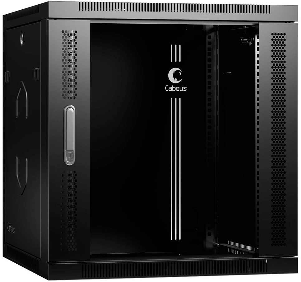 шкаф Cabeus SH-05F-12U60/60-R-BK Шкаф телекоммуникационный настенный разобранный 19" 12U 600x600x635mm (ШхГхВ) дверь стекло, цвет черный (RAL 9004)