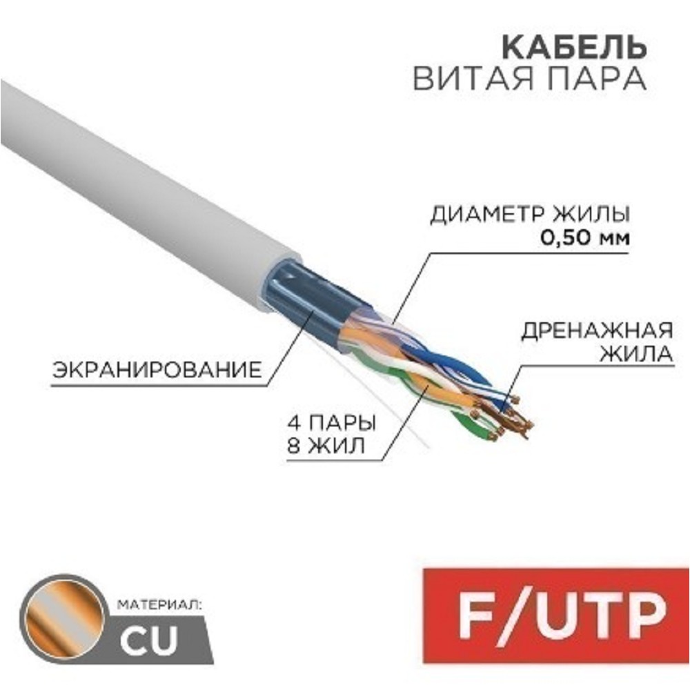 Кабель информационный Rexant 01-0143-R кат.5E F/UTP 4 пары 24AWG PVC внутренний 305м серый
