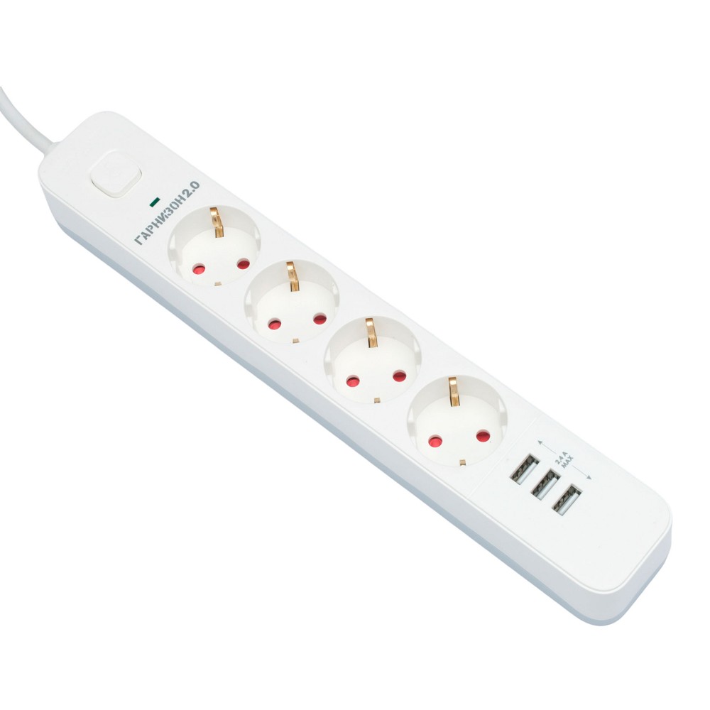 Гарнизон Сетевой фильтр 2.0 EPS-4-U3-W-2 Мультипорт, 4р, 10А, 3xUSB, 2м, ур.защиты 2+, белый, пакет (21445)