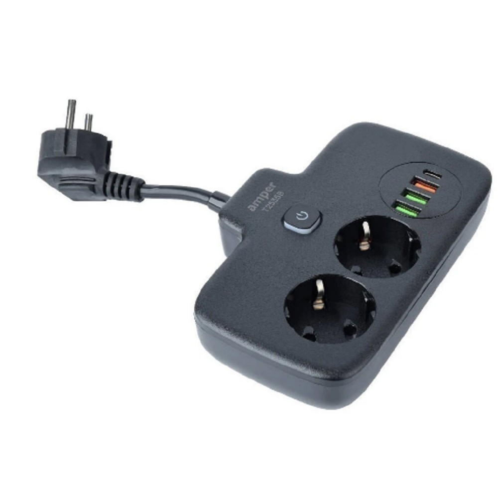 Amper сетевой удлинитель, 0,2м, 2 розетки, 3*0,75мм, 10А, 2500 Вт, 3usb, 1Type-C, 1кн, черный. [T2535B] No Name