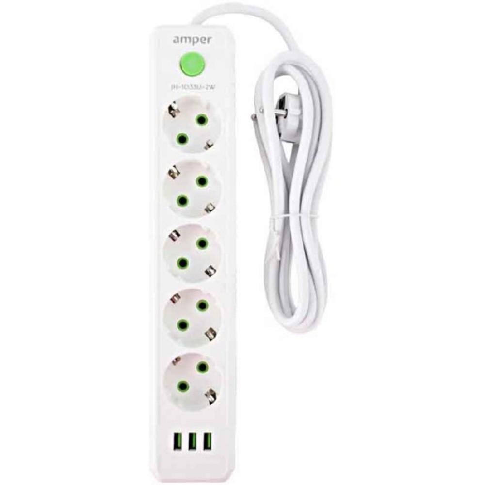 Amper сетевой удлинитель, 2,0м, 5 розеток, 10А, 2500 Вт, 3usb, белый. [JH-1033U-2W] No Name