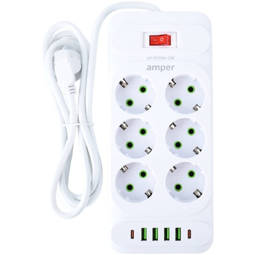 Amper сетевой удлинитель, 2,0м, 6 розеток, 10А, 2500 Вт, 4usb,2Type-C, белый. [JH-1076U-2W] No Name