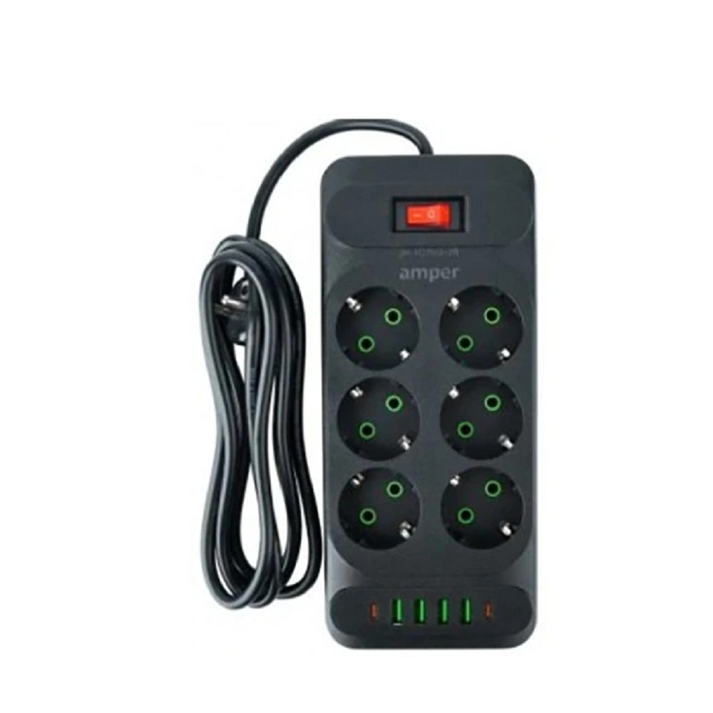 Amper сетевой удлинитель, 2,0м, 6 розеток, 10А, 2500 Вт, 4usb,2Type-C, черный. [JH-1076U-2B] No Name