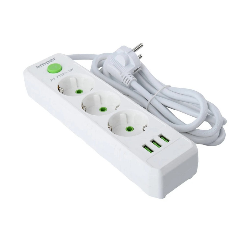 Amper сетевой удлинитель, 4,0м, 3 розетки, 10А, 2500 Вт, 3usb, белый. [JH-1031U-4W] No Name
