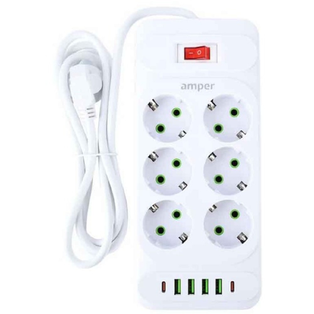 Amper сетевой удлинитель, 4,0м, 6 розеток, 10А, 2500 Вт, 4usb,2Type-C, белый. [JH-1076U-4W] No Name