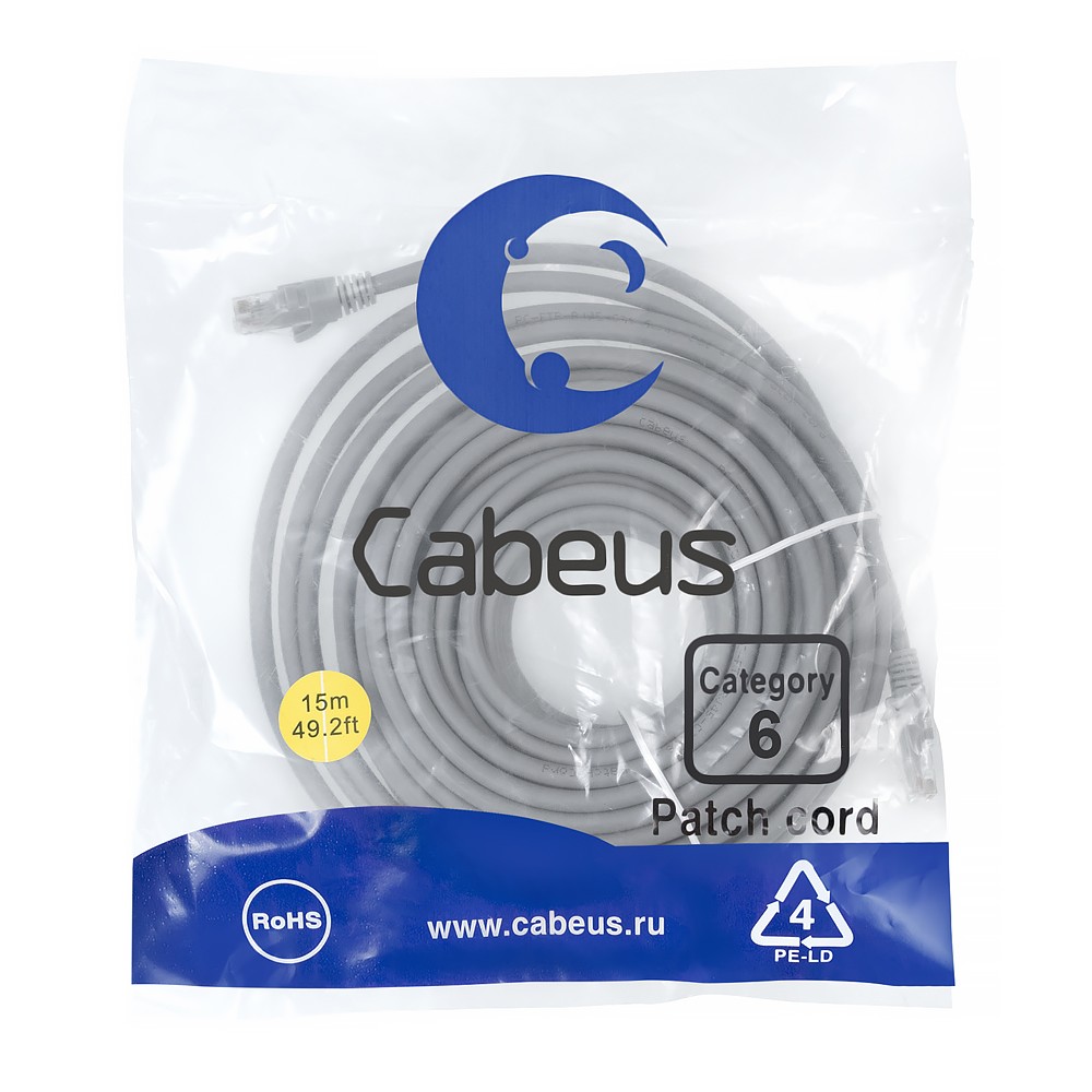 Cabeus PC-UTP-RJ45-Cat.6-1.5m Патч-корд U/UTP, категория 6, 2xRJ45/8p8c, неэкранированный, серый, PVC, 1.5м