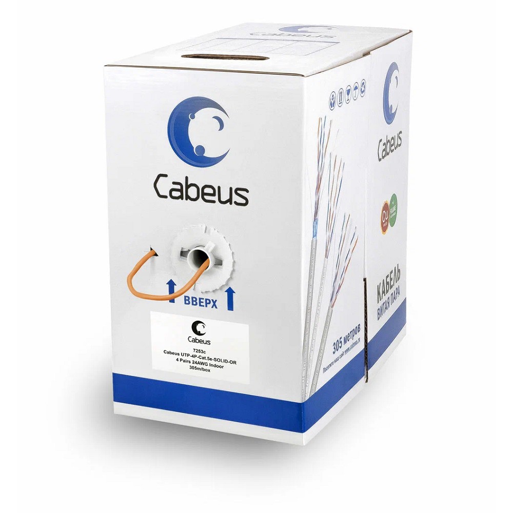 Кабель информационный Cabeus UTP-4P-CAT.5E-SOLID-OR кат.5E U/UTP 4 пары 24AWG PVC внутренний 305м оранжевый
