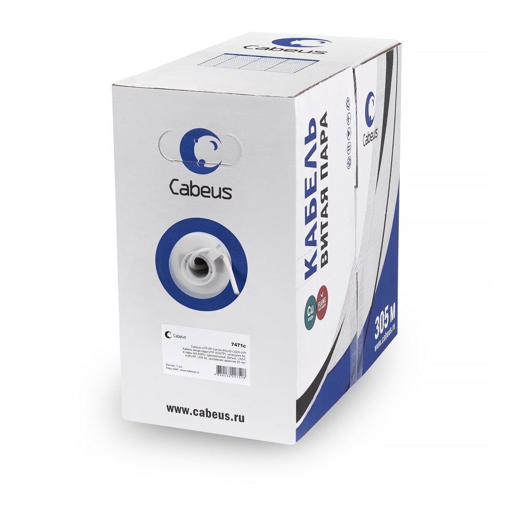 Кабель Cabeus UTP-4P-CAT.6-SOLID-LSZH-GY кат.6 U/UTP 4 пары LSZH внутренний 305м серый