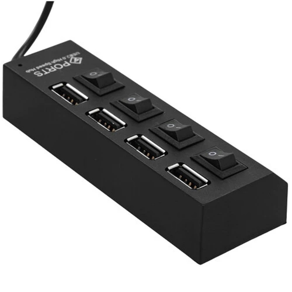 Gembird Разветвитель USB2.0 4xUSB, блок питания 2А, подсветка и выкл, кабель USB 55см, черный (UHB-U2P4-02A)