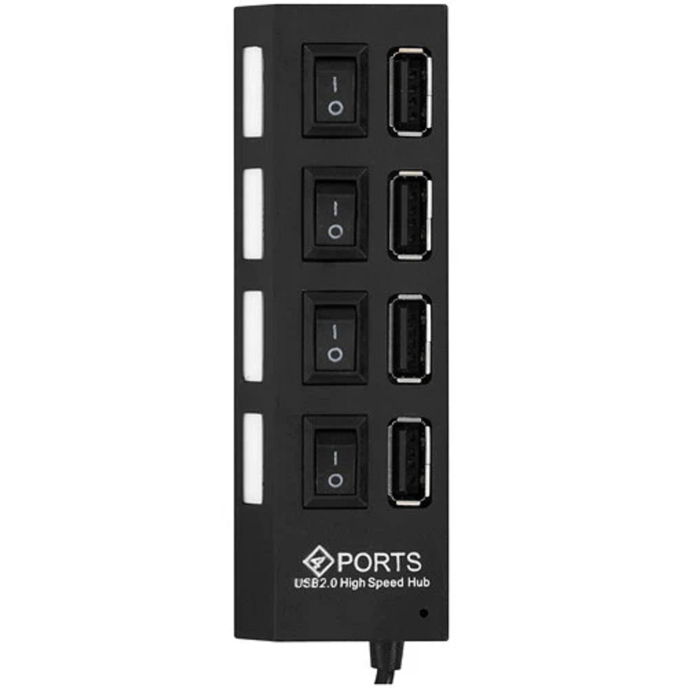 Gembird Разветвитель USB2.0 4xUSB, блок питания 2А, подсветка и выкл, кабель USB 55см, черный (UHB-U2P4-02A)