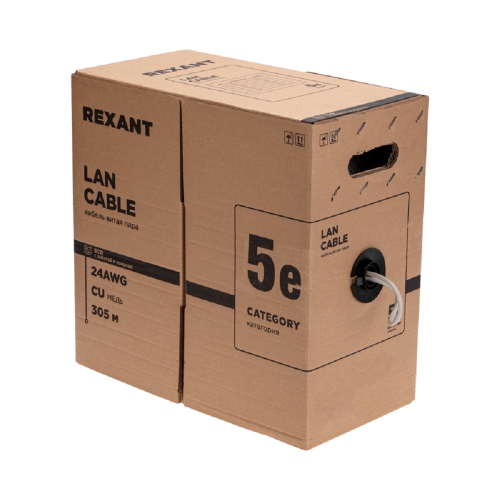 Кабель информационный Rexant 01-0041-R кат.5E U/UTP 4 пары 24AWG PVC внутренний 305м серый