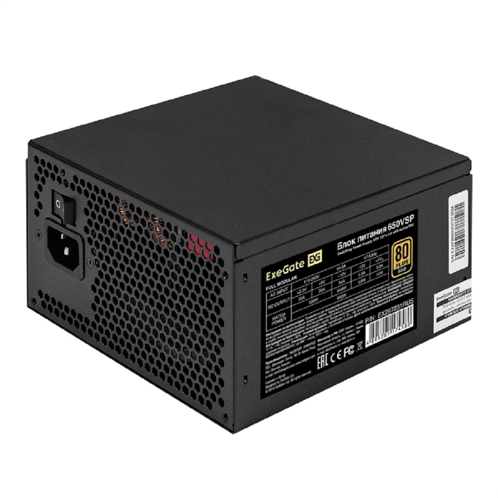 Exegate EX297231RUS Блок питания 650W 80 PLUS® GOLD 650VSP FC (ATX3.0, APFC, КПД 90% (80 PLUS GOLD), 120mm fan, 24pin, 2x(4+4)pin, PCIE5.0/12VHPWR, 2xPCI-E, 6xSATA, 3xIDE, 1xFDD, Full Cable Management