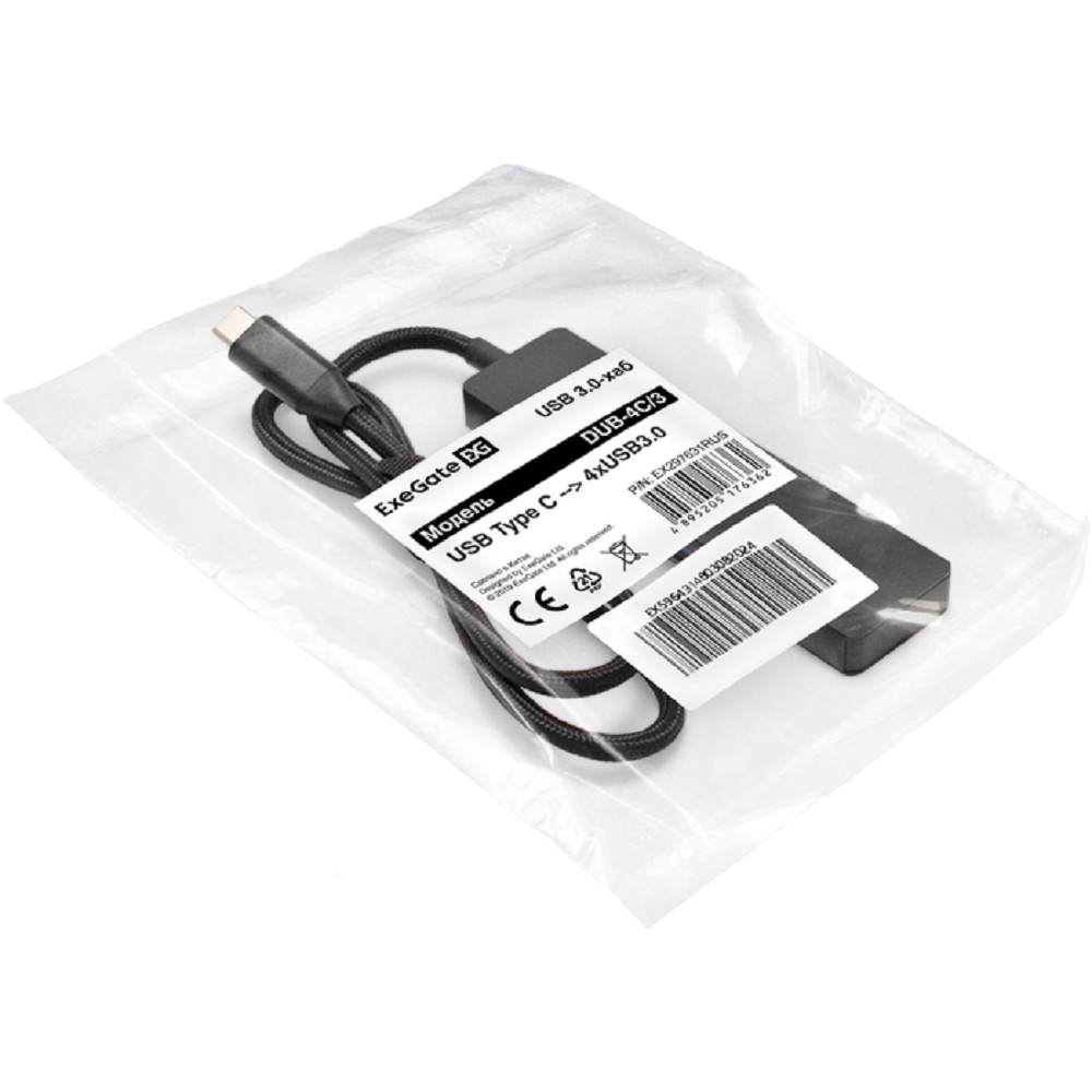 Exegate EX297631RUS USB-Хаб (концентратор) 4-в-1 ExeGate DUB-4C/3 (кабель-адаптер USB Type C --> 4xUSB3.0, Plug&Play, черный)