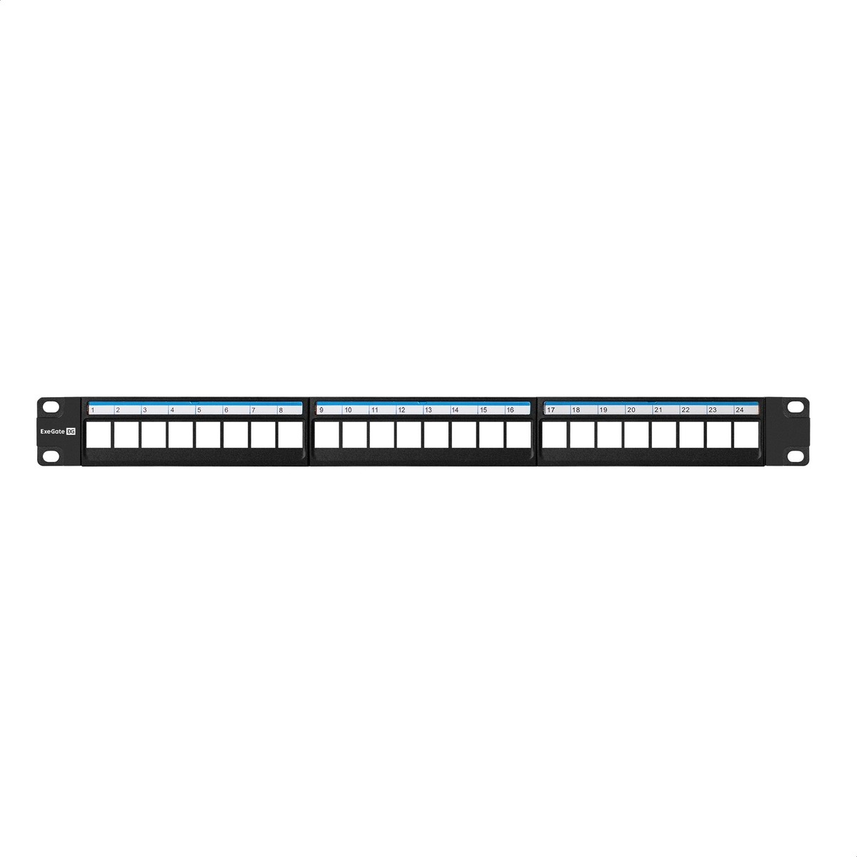 Exegate EX297320RUS Патч-панель модульная ExeGate EPPB-19-24 (19", UTP, 24 port, наборная, неэкранированная, 1U, RoHS, с кабельным органайзером, Black, RTL)